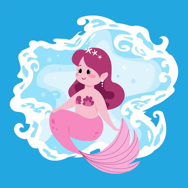 Niedliche Fee Meerjungfrau. Kleines Mädchen mit rosa Fischschwanz. Karikatur marine Prinzessin und Ozeanwellen. Lustige mythologische Wassernymphe. Glückliche junge Seemännin. Vektor fiktionale Unterwasserfigur — Stockvektor