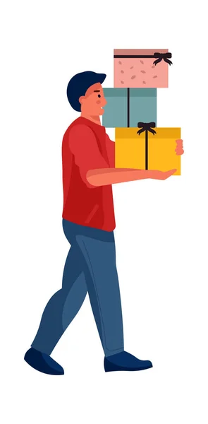 Hombre sosteniendo caja de regalo. Personaje de dibujos animados lleva contenedores envueltos con cintas. Hombre aislado hace compras navideñas. Dar y recibir regalos. Vector celebra Navidad o cumpleaños — Archivo Imágenes Vectoriales