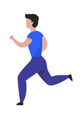 Koşan adam. Çizgi film karakteri koşusu. Spor aktivitesi. Tecrit edilmiş erkek egzersiz yapıyor. Kaslı sporcu antrenmanı ya dışarıda ya da spor salonunda. Sağlıklı bir yaşam tarzı. Vektör çalışması illüstrasyonu