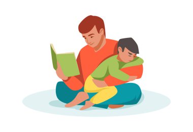 Aile sahnesi. Çizgi filmden baba oğluna kitap okuyor. Lotus pozunda oturan ve çocuğa sarılan bir adam. Babaların çocuğu kucaklaşır. Ebeveynler ve bebekler birlikte vakit geçiriyorlar. Vektör erkek öğretim çocuğu