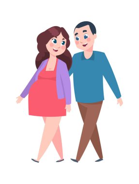 Mutlu genç ebeveynler. Hamilelik konsepti. Bebek bekleyen gülümseyen adam ve kadın. Dışarıda gezen sevimli bir aile. Hamile kadın kocasına sarılıyor. Gelecekteki anne ve babanın vektörü.