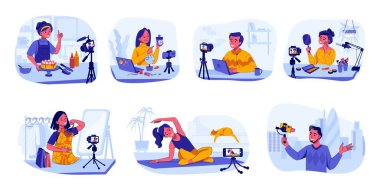 Blogcular ve vlogcular. Yemek ve seyahat, güzellik veya moda video kanalları için içerik oluşturan etkenler. Spor eğitimi talimatlarını kaydeden insanlar. Vektör canlı mukbang günlüğü