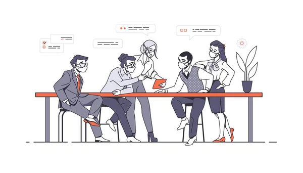 Arbeitsgruppe. Treffen der Büroangestellten und Brainstorming. Mitarbeiter tragen Schutzmasken. Covid-19-Prävention. Männer und Frauen sitzen am Tisch und kommunizieren. Vektor-Teamwork — Stockvektor
