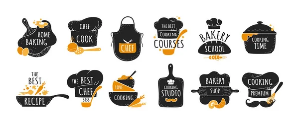 Koken logo. Restaurant keuken chef emblemen, bakkerij en koken badges set. Zwarte stickers met belettering en kookhoedje of keukengerei. Voedsel bereidt koers tekens. Modellen voor vectoretiketten — Stockvector