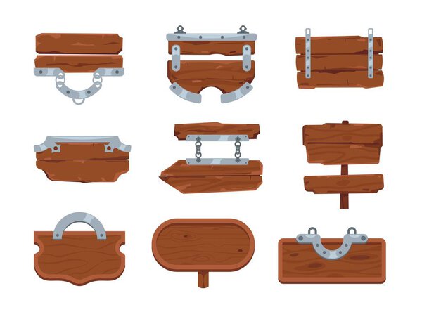 Wooden board. Cartoon signboards. Hardwood planks hanging on metal chains. Directional road signposts and blank information pointers. Rustic empty billboards set. Vector advice banners
