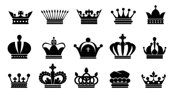 Corona de iconos negros. Real princesa o príncipe símbolo silueta, rey y reina monarca logotipo de la colección. Tocados medievales imperiales. Vector elegancia coronación conjunto de sombreros — Archivo Imágenes Vectoriales