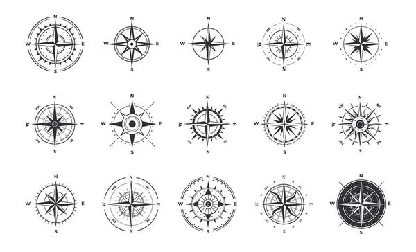 Kompasové ikony. Větrná růžice s orientací na sever, starožitné symboly námořního navigačního vybavení. Sada kartografických a zeměpisných znaků. Vektorové siluety starých námořních nástrojů — Stockový vektor