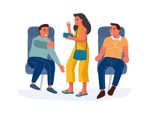 Gente en el avión. Hombres de dibujos animados sentados en sillones de avión y hablando con una mujer de pie. Pasajero con entradas buscando asiento en la cabina. Viajar en avión. Vector avión de embarque — Archivo Imágenes Vectoriales