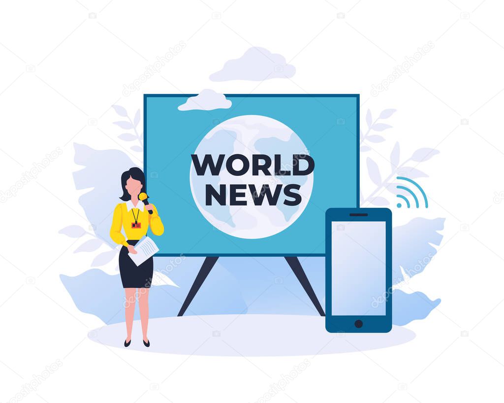 World news. Online reportage showing. Watch journalist review using smartphone. Mass media digital broadcasting. Video information channel for mobile applications. Vector TV streaming