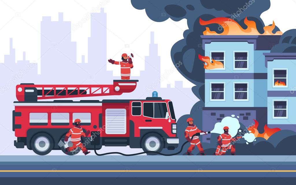 Fire building. Firemen extinguish burning house. Emergency workers put out flame. Firefighters wearing professional uniform. Vehicle with stair and hose for water. Vector rescue service