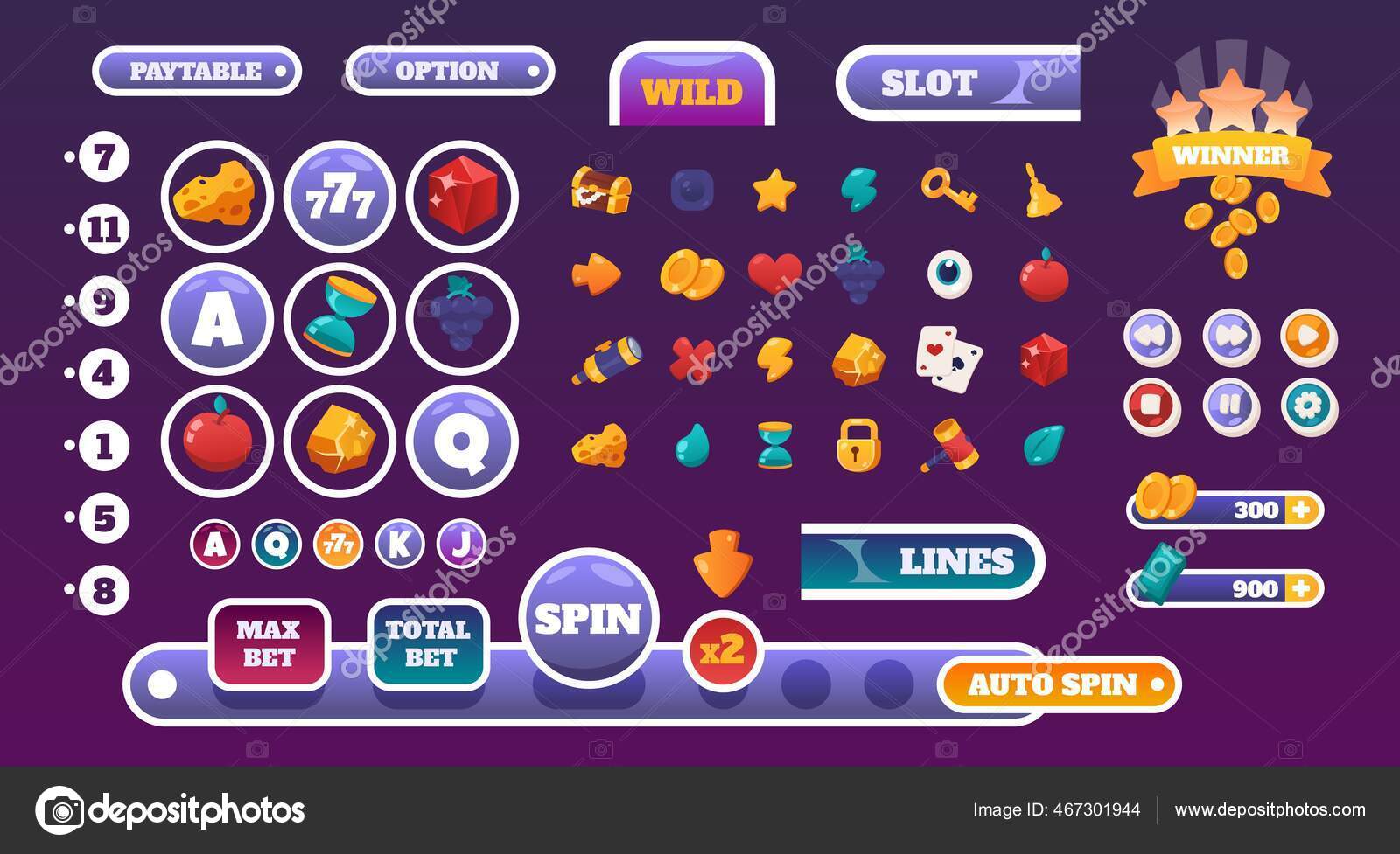 Gambling UI elements. Slots gameplay cartoon graphic kit with casino icons. Colorful online game interface progress bars and buttons mockup. Panels design or menu headers, vector set Stock Vector Image by ©SpicyTruffel # Gambling UI elements. Slots gameplay cartoon graphic kit with casino icons. Colorful online game interface progress bars and buttons mockup. Panels design or menu headers, vector set Stock Vector Image by ©SpicyTruffel #