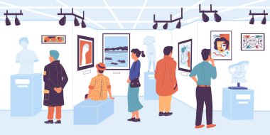 Galerideki insanlar. Modern sanat sergisi ve müzesi ziyaretçisi. Turistler resim sergilerine ve heykellere bakıyorlar. Erkekler ve kadınlar gösterileri izlemekten hoşlanırlar. Vektör illüstrasyonu