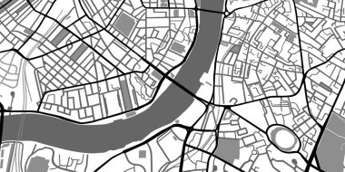 Siyah beyaz harita. Şehir merkezi yolları monokrom şeması. El çizimi şehir grafik şablonu, navigasyon planı. Şehir topoğrafi modeli. Sokak ve bölgelerin en az taslak çizimi