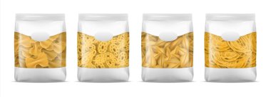 Makarna paketi. Gerçekçi spagetti ya da erişte torbası modeli. Boş makarna plastiği, markalaşma için 3 boyutlu paket. İtalyan yemek şablonu. Kopya alanı olan bir kap. Vektör un ürünleri