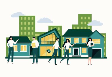 Gayrimenkul. Emlak alımı ve ipotek konsepti. Ajanslar alıcıların dairelerini gösteriyor. Modern ev ve yazlık ev. Vektörler konut binaları ve ofisleri satın alır veya satar