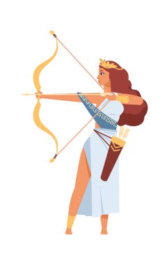 Artemis Yunan tanrıçası. Antik Av Tanrısı. Karikatür mitolojik ilahi karakter altın yaydan çıkar. Beyaz toga ve oklu çelenk giyen genç bir kadın. Antik Olimpiyat Tanrısı Vektörü