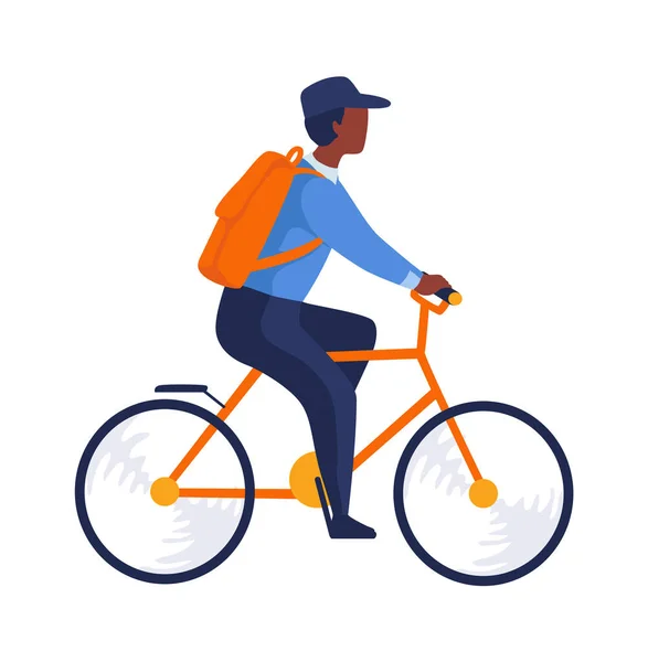 Postman riding on bike. Express delivery concept. Man on bicycle. Side view of African male with backpack. Courier on cycle carries parcel. Isolated postal worker. Vector shipping order — Stock Vector