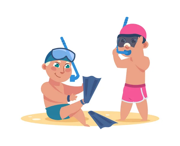 Niños en la playa. Los niños de dibujos animados usan aletas y snorkel. Chicos buceando en el mar. La gente se prepara para nadar bajo el agua. Los personajes se sientan en la arena. Vacaciones activas de verano, vector de deportes acuáticos extremos — Archivo Imágenes Vectoriales