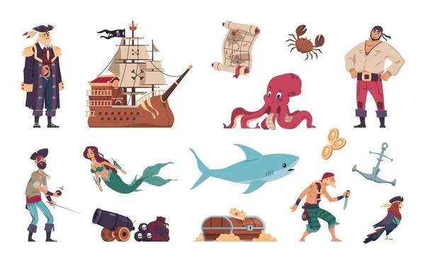 Pirates set. Cartoon crew of filibusters and captain on sailing ship. Mermaid swimming with marine animals. Treasure map and chest full of gold coins. Vector sea robbers collection — Stock Vector