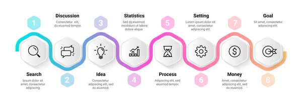 Idővonal infografika. Folyamatábra tervezés. Lépj vízszintes diagramot. A munkafolyamat absztrakt rendszere. Üzleti prezentáció mockup. Projekt struktúra. A kórokozó-átvivő szervezet — Stock Vector