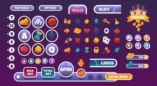 Jogos de azar elementos UI. Slots gameplay cartoon kit gráfico com ícones de casino. Barras de progresso de interface de jogo online colorido e botões mockup. Painéis de design ou cabeçalhos de menu, conjunto de vetores —  Vetores de Stock