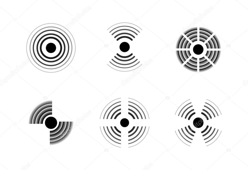 Radar signal icons. Sonic waves. Black and white military signs. Detection technologies symbols set. Dots and concentric circles. Minimal geometric elements. Vector sound equipment