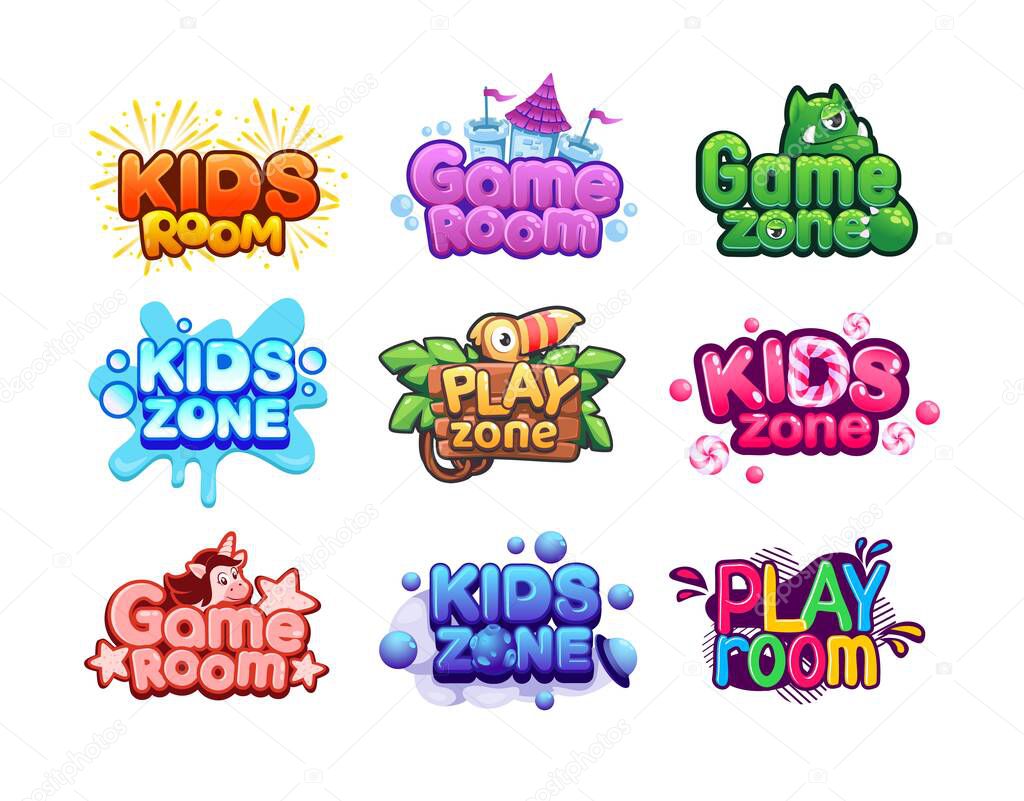 Play room logo. Kids zone cartoon banners. Baby entertainment area. Fun activity playground stickers set. Colorful isolated badges with unicorn or monster and bright lettering. Vector playroom signs