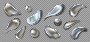 Gerçekçi metal damlaları. 3 boyutlu krom boya sıçraması. Cıva damlaları ve sıvı gümüş damlalar. Erimiş lekeler ya da şeffaf arkaplanda yuvarlak damlacıklar. Parlak fırça darbeleri ayarlandı