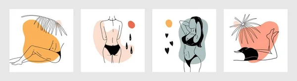 流行の女性のポスター。現代的なミニマリストの裸の女性キャラクター。女の子は熱帯のビーチで日光浴。水着や下着のモデル。正方形のバナーセット。ベクトルアウトラインコラージュ — ストックベクタ