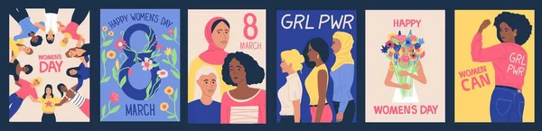 Kadınlar günü posterleri. 8 Mart Uluslararası Kadın Tatili. Kadın dayanışması ya da kadın güç sembolleri ve feminist sloganlarla hazırlanmış çizgi film pankartları. Vektör tebrik kartları — Stok Vektör