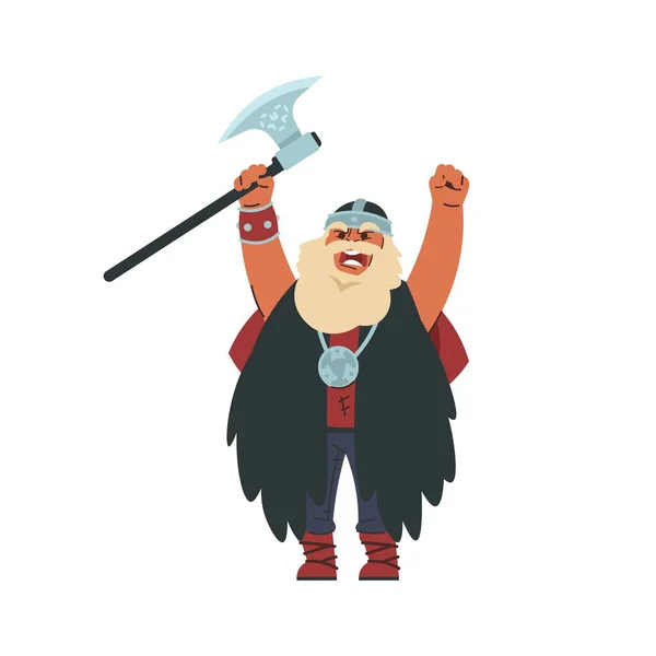 Viking. Askeri tarihi kostümlü İskandinav çizgi filmi karakteri. Ortaçağ Norveçli barbar savaşçısı. Bağıran vahşi savaşçı el kaldırıyor. Metal savaş baltası tutan vektör sakallı adam. — Stok Vektör