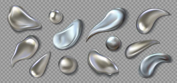 Gotas de metal realistas. Salpicadura de pintura cromada 3D. Goteo de mercurio y formas de gota de plata líquida. Manchas derretidas o gotitas redondas sobre fondo transparente. Set de pinceladas de brillo vectorial — Archivo Imágenes Vectoriales