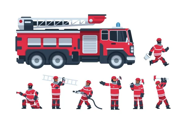 Strażak. Kreskówkowy wóz strażacki i strażacy. Profesjonalne ratownicy gasić płomień za pomocą węża i drabiny. Mężczyźni trzymają siekierę lub głośnik. Pracownicy służb ratowniczych wektorów — Wektor stockowy