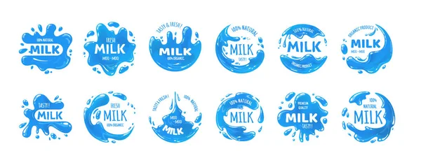 牛奶飞溅标志。乳制品品牌徽章。天然饮料贴纸与滴水。健康食品品牌建设。标签一套新鲜可口的饮料.矢量蓝流和白字 — 图库矢量图片