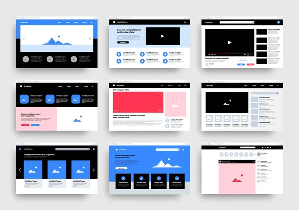 Website wireframe. Web landing page templates. Blank interfaces types set of multimedia players and online photography portfolio. Network UI with users profiles icons. Vector mockups — Stock Vector