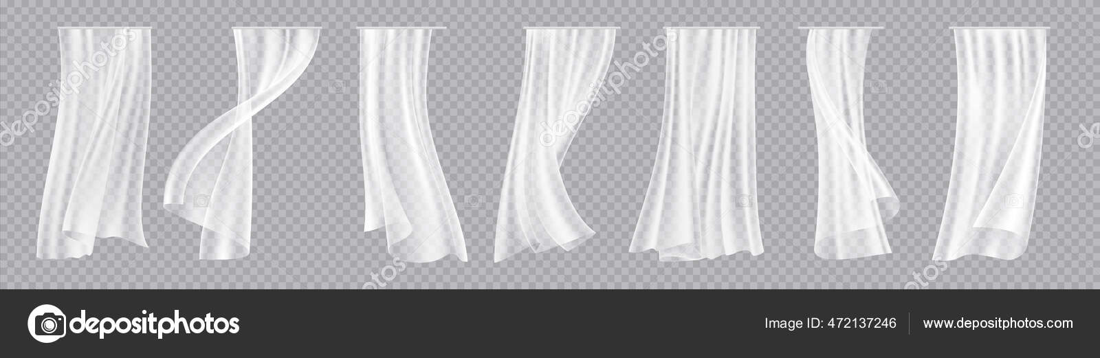하얀 커튼이요. 창문을 위한 투명 한 인테리어 직물. 현실적으로 장식적 인 장식 이 군. 떨어지는 빗방울 세트. 가벼운 천을 바람에  날리는 효과로 매달아 놓는다. 벡터 설계 액세서리 스톡 벡터 - ©SpicyTruffel 472137246, image size:1600x521