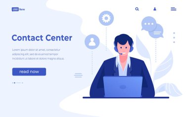 İniş sayfasıyla bağlantı kur. Müşteri desteği için web sitesi arayüzü. Çevrimiçi geri bildirim servisi. Çizgi film operatörü müşterileri ve mesajları cevaplıyor. Düğmeleri olan vektör UI tasarımı