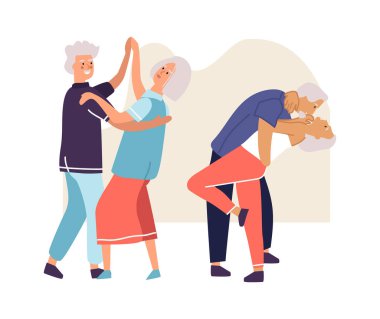 Dans eden yaşlı çiftler. Yaşlılar aktiviteleri. Yaşlı dansçılar birlikte zaman geçirirler. Mutlu emekliler. Emekli insanlar için eğlence kulüpleri ya da kurslar. Vektör koreografisi dersleri