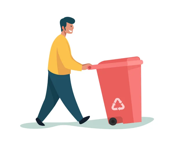Śmieciarz. Kreskówkowy mężczyzna niosący kosz na śmieci. Osoba spacerująca z plastikowym pojemnikiem na śmieci. Postać zbierająca śmieci na zewnątrz. Sortowanie odpadów z recyklingu. Zanieczyszczenie czyszczenia wektorów — Wektor stockowy