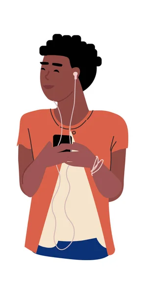 Жінка слухає музику. Мультяшна дівчина зі смартфонами та навушниками. Жіночий персонаж насолоджується подкастом або музичними мелодіями. Щаслива людина тримає мобільний. Векторна релаксація та дозвілля — стоковий вектор