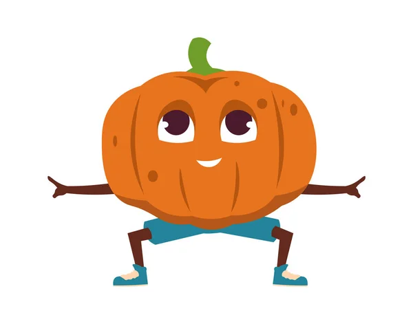 Cartoon exercices de légumes. Mignon caractère de citrouille orange se tient dans le yoga asana. Drôle de nourriture mascotte squats. Activités sportives en salle de gym ou entraînement de fitness à domicile. Entraînement sportif vectoriel — Image vectorielle
