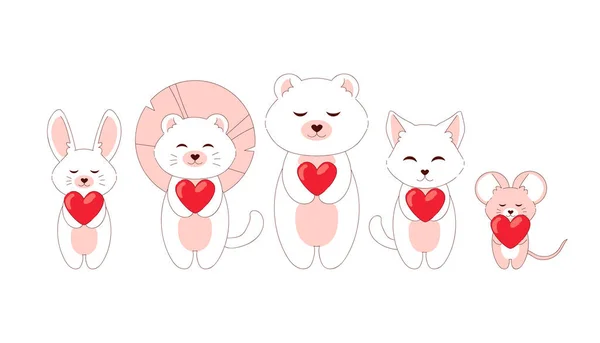 Doodle animales románticos. Mascotas de dibujos animados con corazones rojos en fila. Lindo ratón y gatito. Zorro blanco o oso gracioso. Conjunto de personajes de bebé. Criaturas Kawaii. Elementos de invitación vectorial — Archivo Imágenes Vectoriales