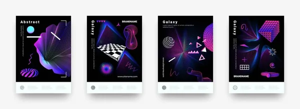 Modern shapes posters. Futuristic banners with geometric elements and cyberpunk glitch effects. Minimal abstract figures and dynamic grid surfaces. Vector black flyers templates set — Stock Vector