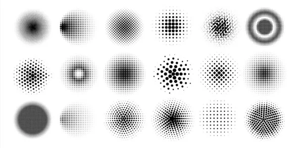 Halftone circles. Abstract comic pop art graphic elements. Dots shapes with shadow gradient effects. Web painter brush templates. Black spray spots. Vector geometric minimal forms set — Stock Vector