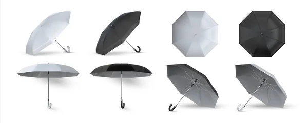 Guarda-chuva realista. 3D preto e branco abriram guarda-sóis. Luz solar e proteção contra chuva. Modelos isolados para branding. Vista de lados diferentes em dossel impermeável. Acessórios para vetores — Vetor de Stock