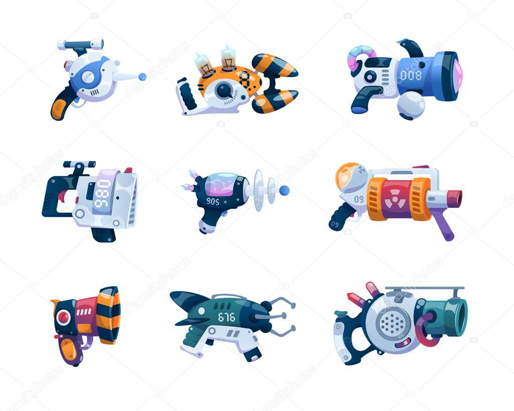 Game weapon. Cartoon space alien blaster with futuristic laser. Future beam gun, cosmic combat blast arms. Fictional weaponry set. Raygun with handle and trigger. Vector play asset