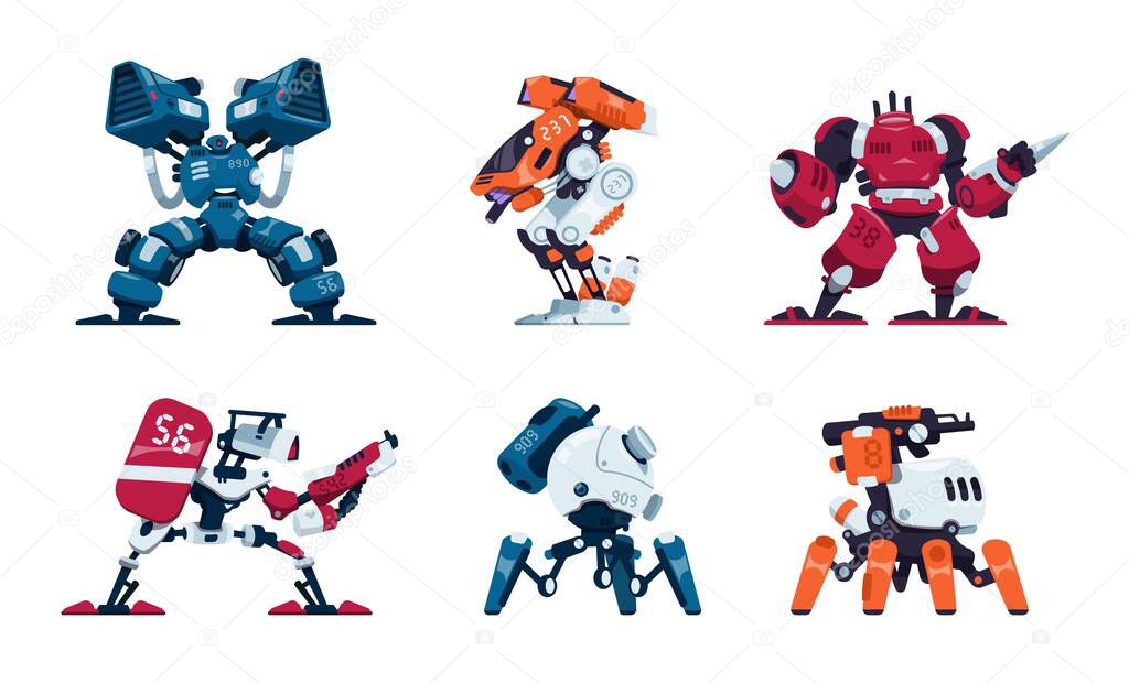 War robots. Cartoon battle machine, super hero in futuristic exoskeleton. Military drones. Scientific innovation weapon technology. Armor concept. Game asset. Vector power suit set