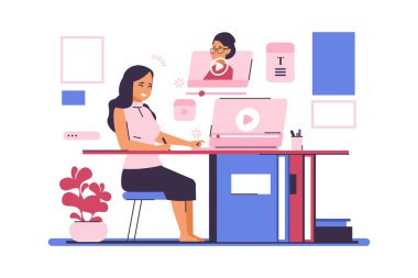 Online eğitim. Uzaktan öğrenme konsepti. Çizgi filmdeki kadın eğitim videoları izliyor. Kadın karakter masada oturur ve bilgisayarda çalışır. Kız evde ders çalışıyor. Vektör Ağı Öğretimi