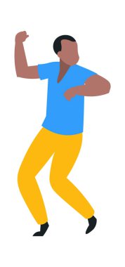 Mutlu adam dans ediyor. Çizgi film dansçısı. Erkek diskoda eğleniyor. Koreografik hareket yapan genç kişi. Karakter yükselten el. Müzik partisi ya da festival. Vektör boş zamanı etkinliği