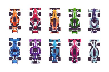 Çizgi film yarış arabaları. Renkli spor yarış yarışları hızlı makineler. İzole edilmiş otomobil oyuncaklarının üst görüntüsü. Yüksek hızlı araçlar için yarışma başlıyor. Vektör taşıma seti